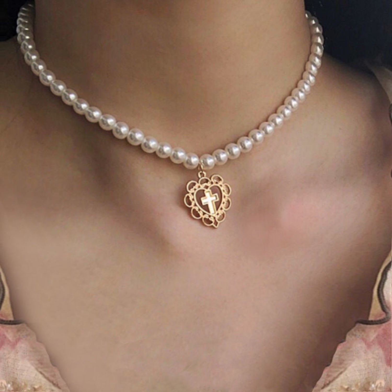 Pearl Choker Heart Cross Pendant JLTN1742