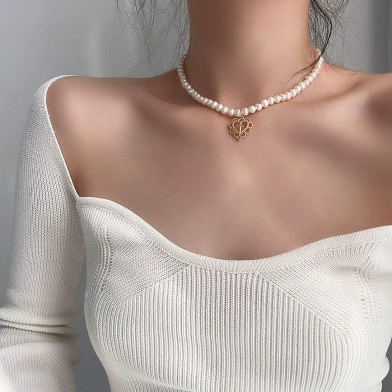 Pearl Choker Heart Cross Pendant JLTN1742