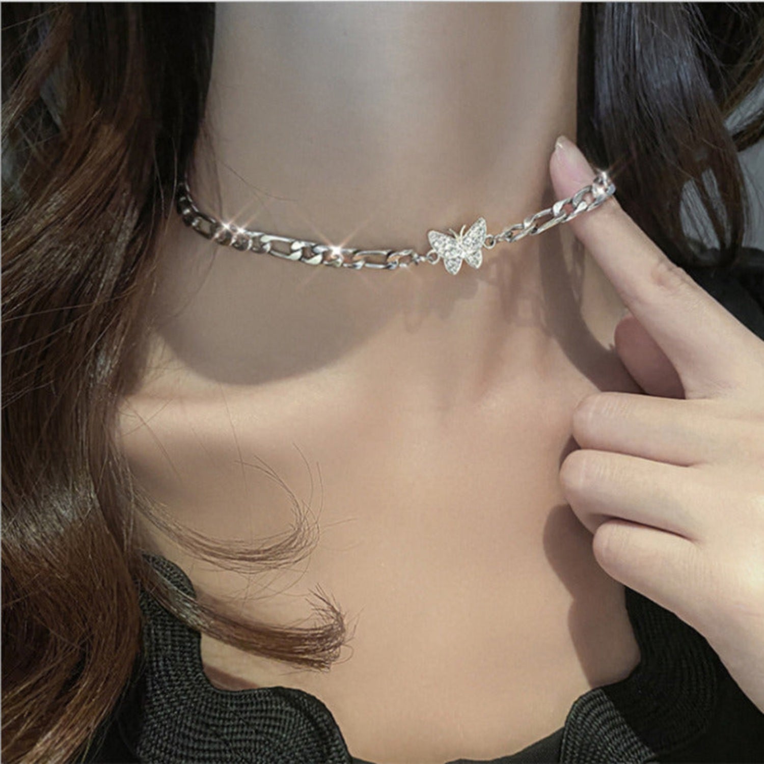 Silver Butterfly Crystal Choker Necklace JLTN1744