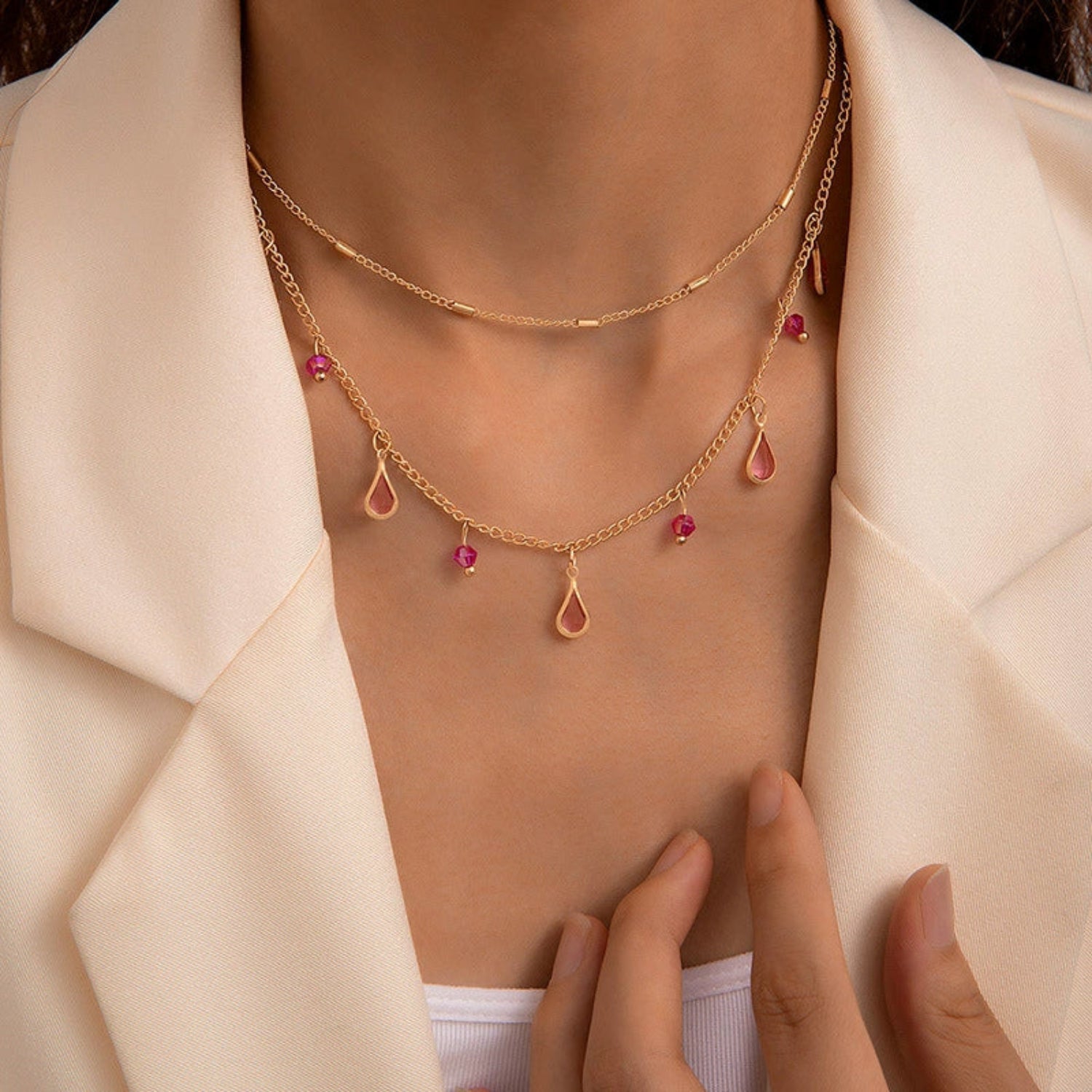 Layered Gold Pink Charm Necklace JLTN1751