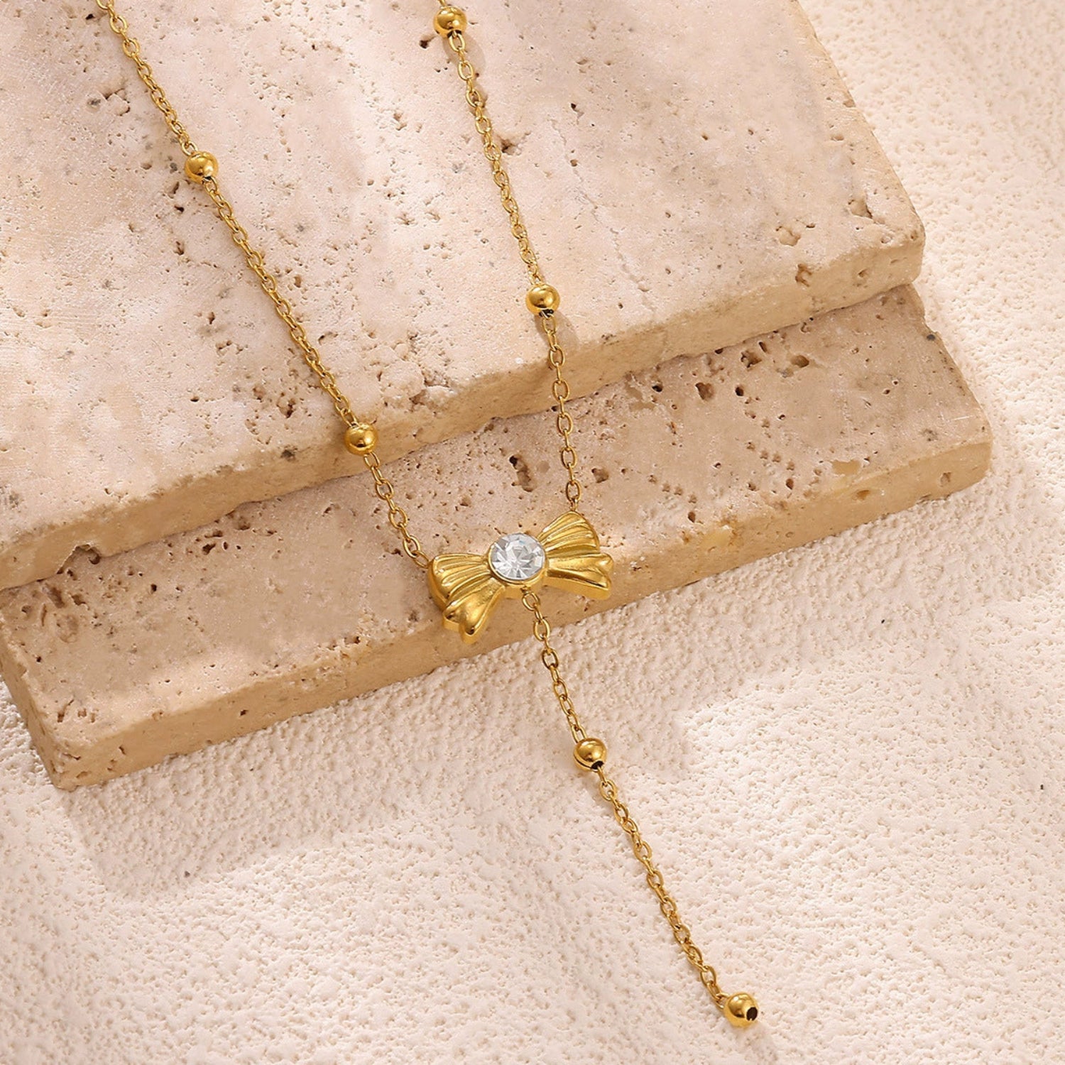 Gold Beaded Bow Crystal Necklace JLTN1800