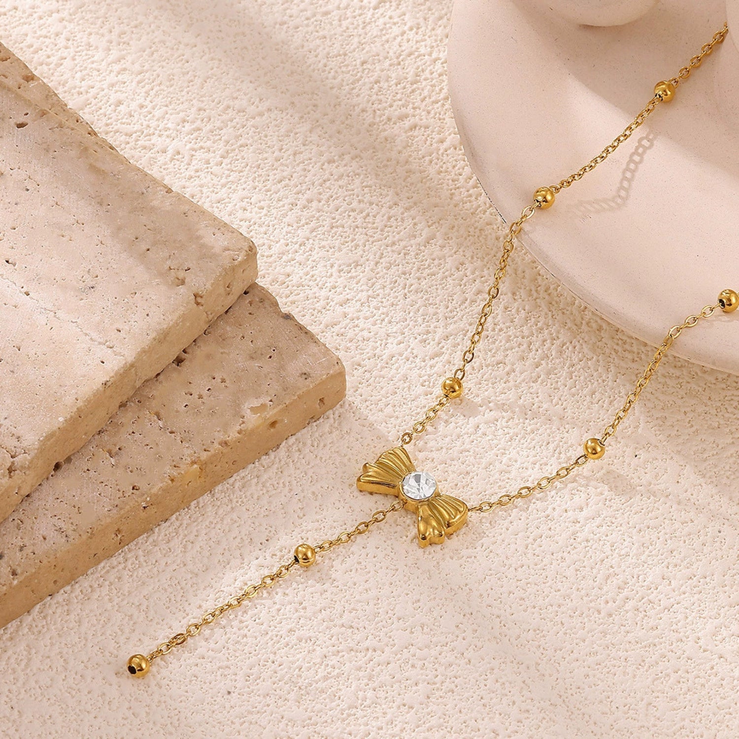 Gold Beaded Bow Crystal Necklace JLTN1800