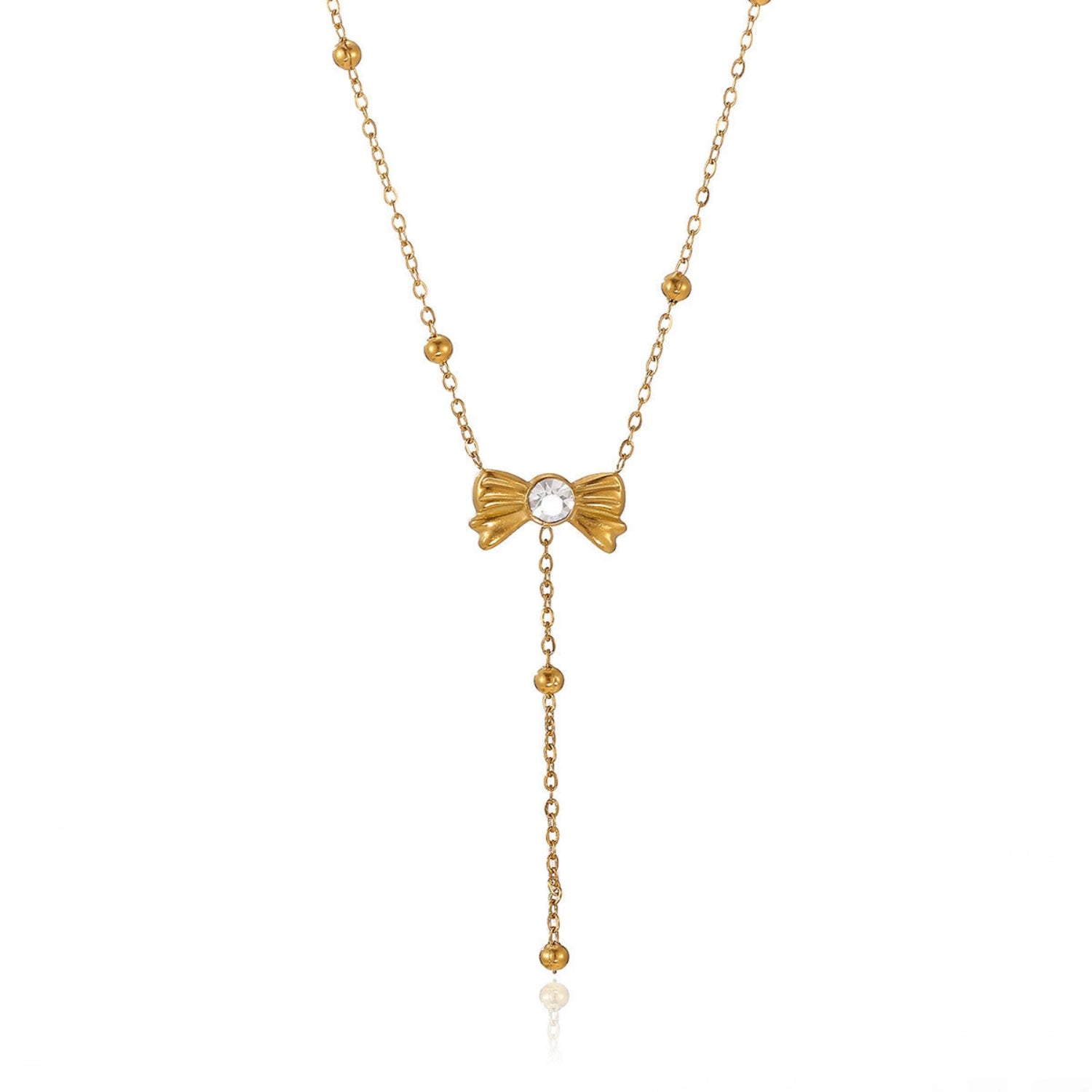 Gold Beaded Bow Crystal Necklace JLTN1800