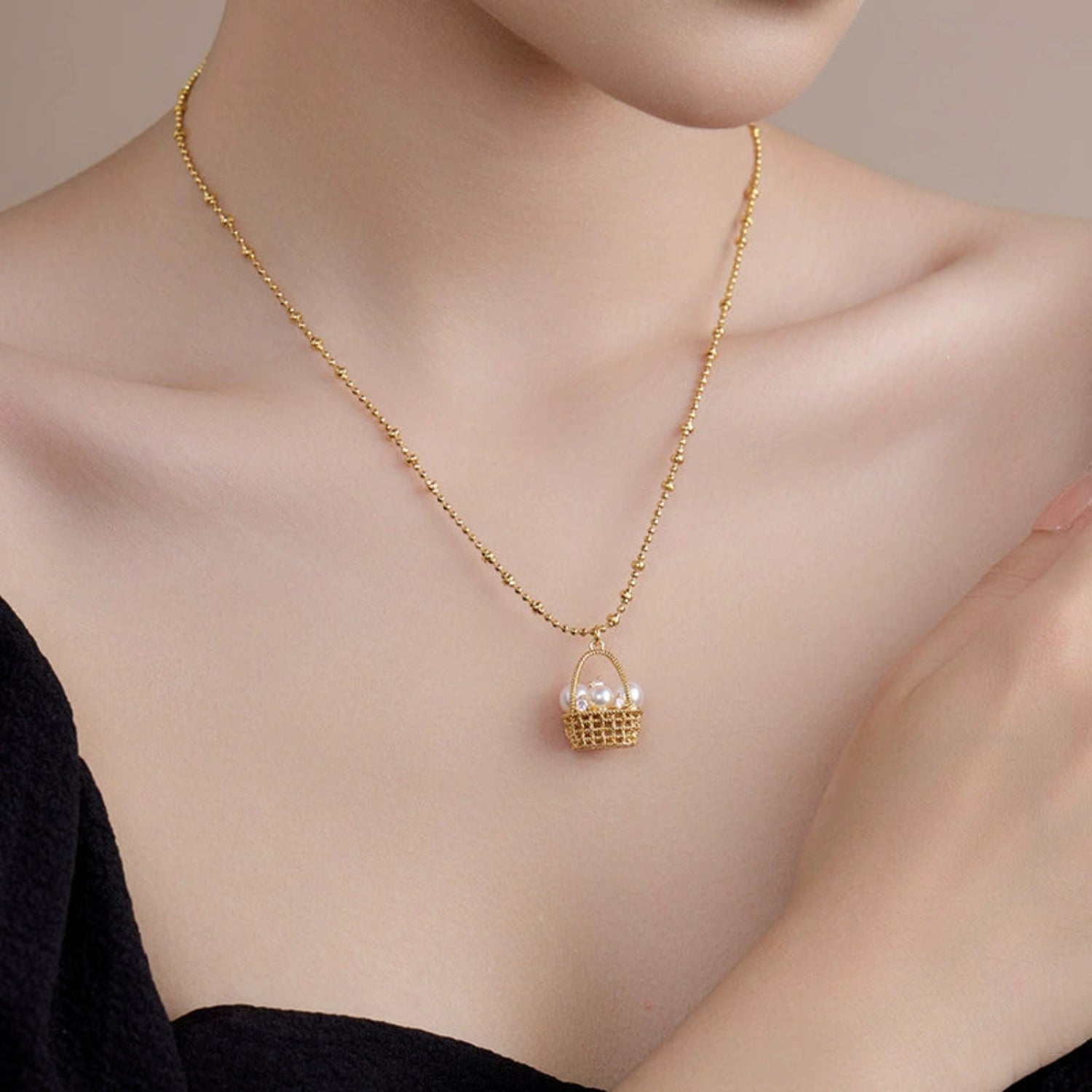 Gold Pearl Basket Necklace JLTN1815