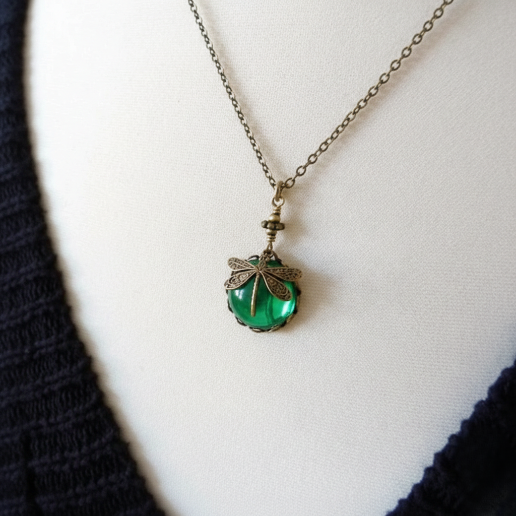 Vintage Dragonfly Emerald Green Necklace JLTN1819