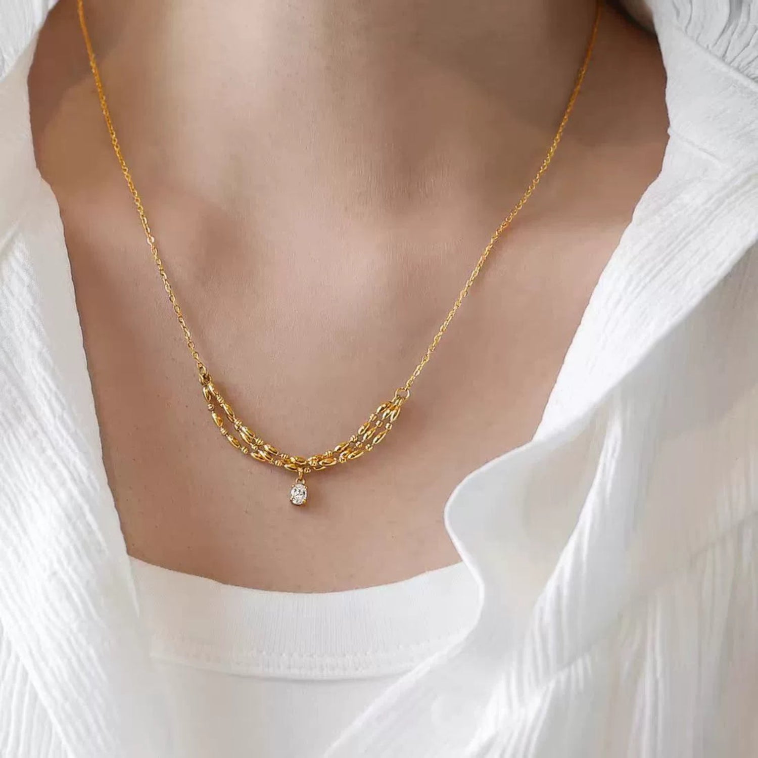 Gold Triple-Strand Beaded Drop Necklace JLTN1849