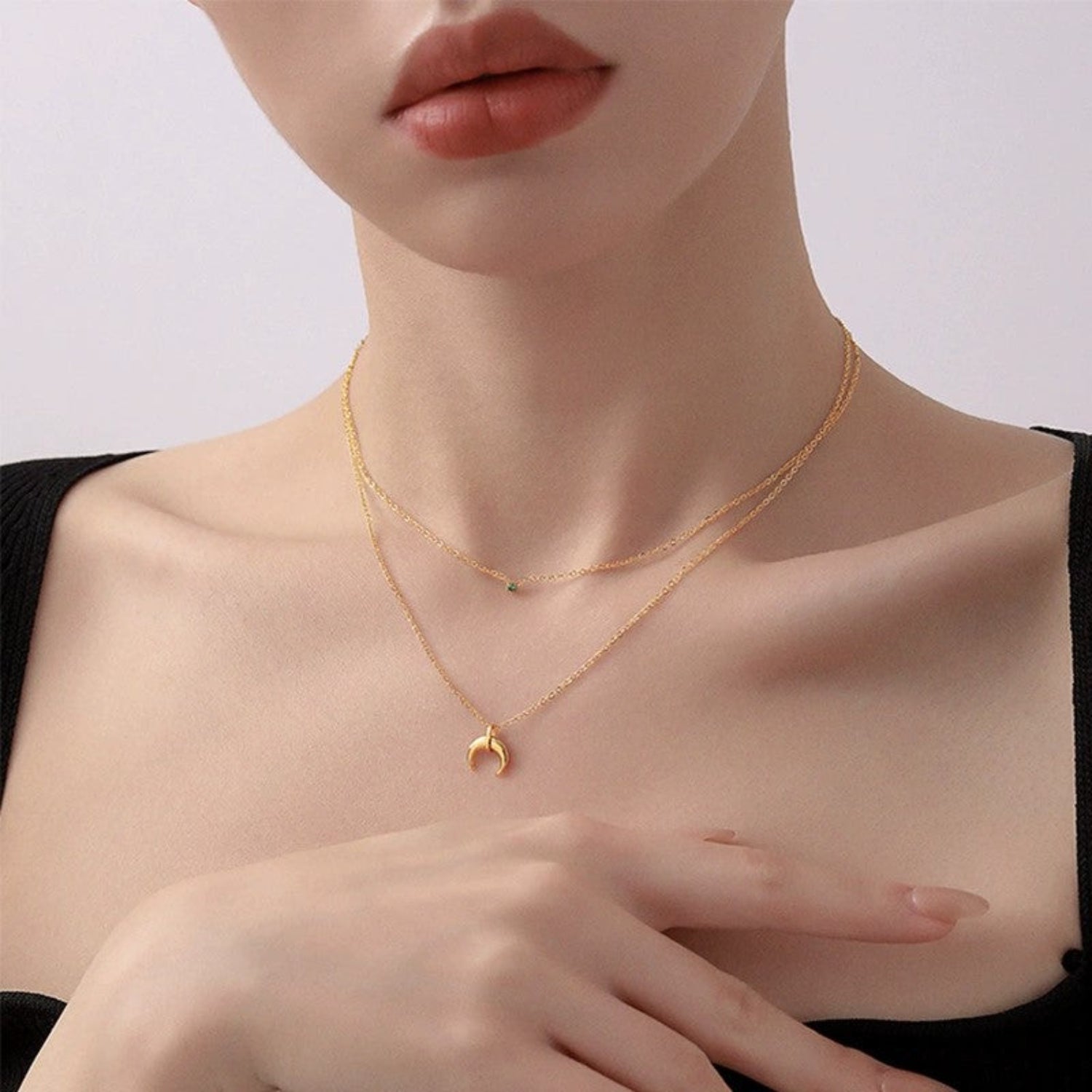 Gold Emerald Moon Layered Necklace JLTN1868
