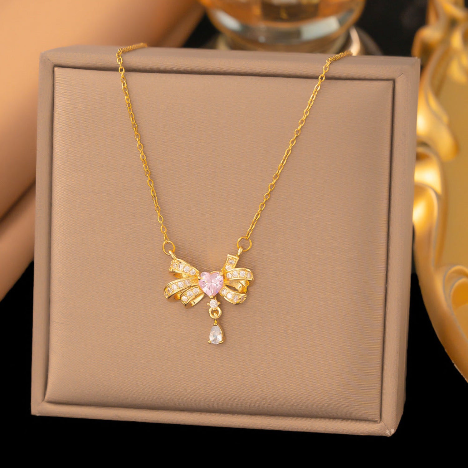 Pink Heart Bow Crystal Necklace JLTN1907