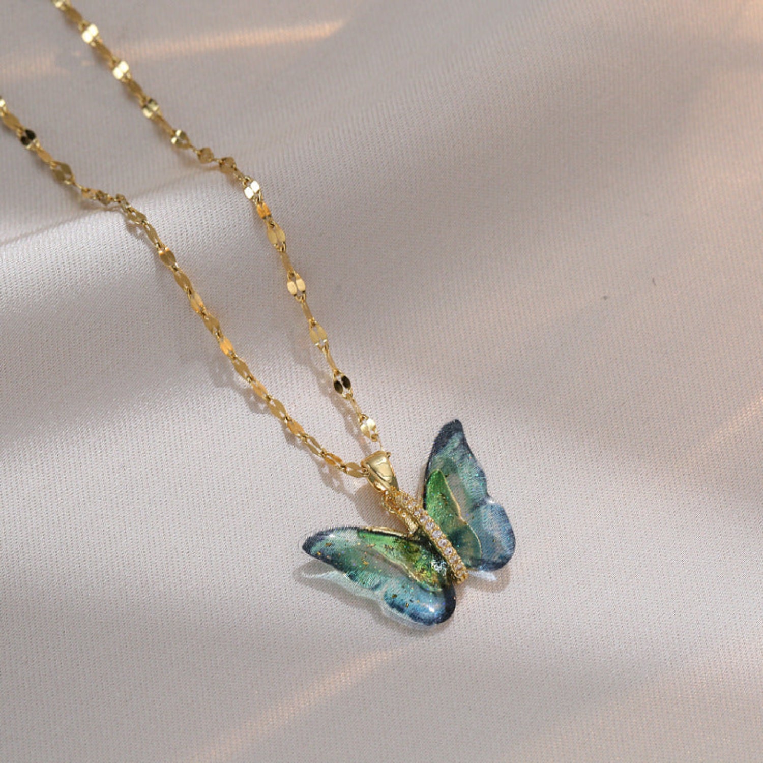 Green Butterfly Crystal Gold Necklace JLTN1925