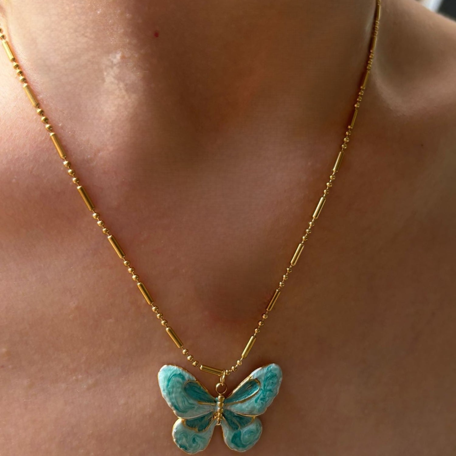 Teal Butterfly Enamel Gold Necklace JLTN1931
