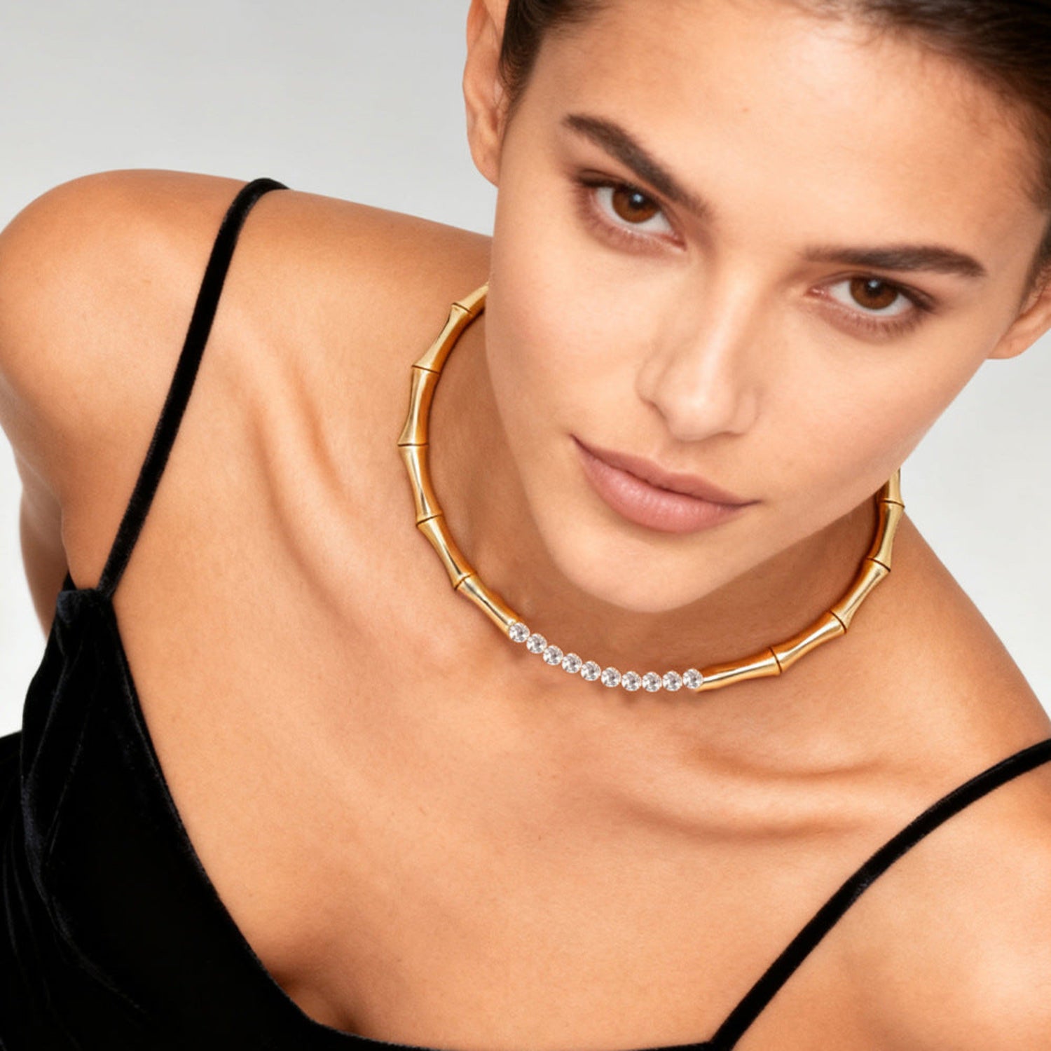 Gold Bamboo Crystal Choker Necklace JLTN1933