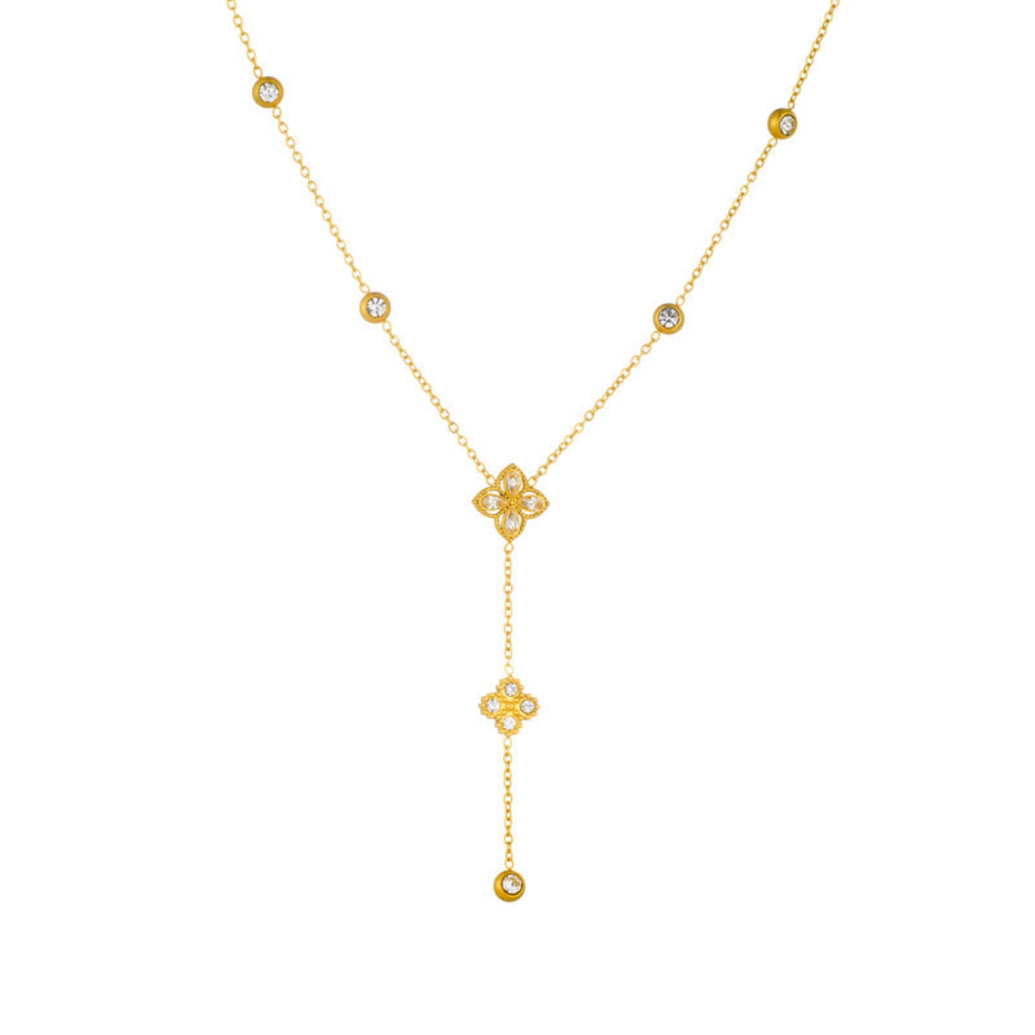 Gold Floral Crystal Lariat Necklace JLTN1943