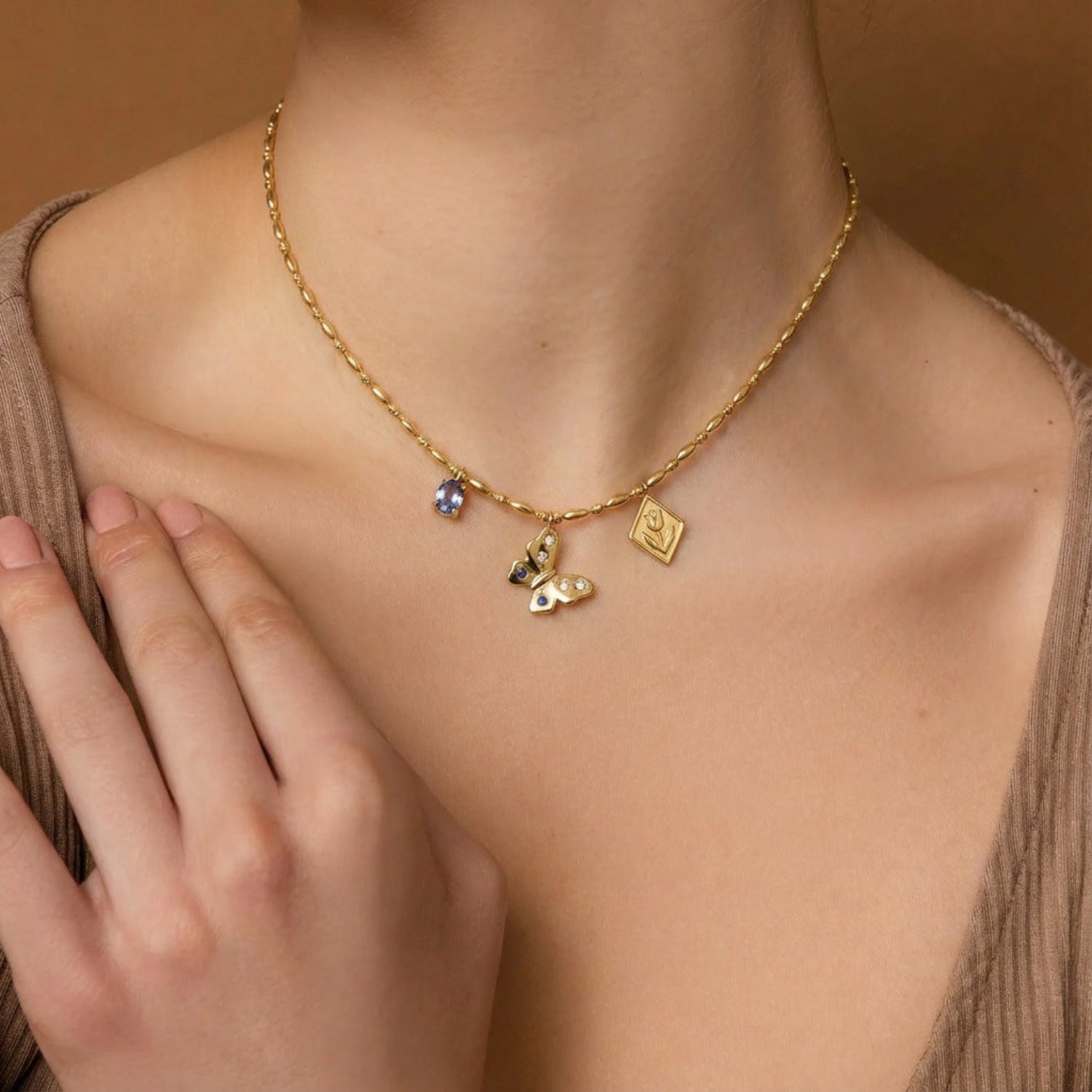 Gold Butterfly Charm Bead Necklace JLTN1955