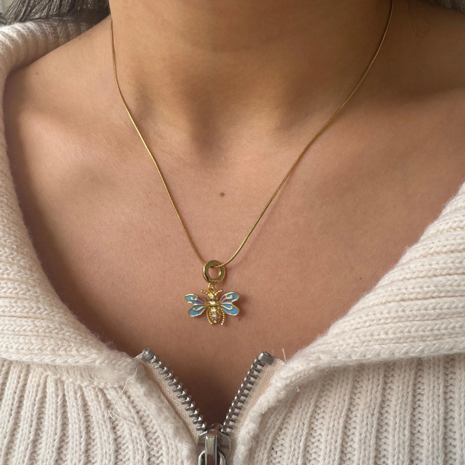 Gold Blue Enamel Bee Necklace JLTN1958