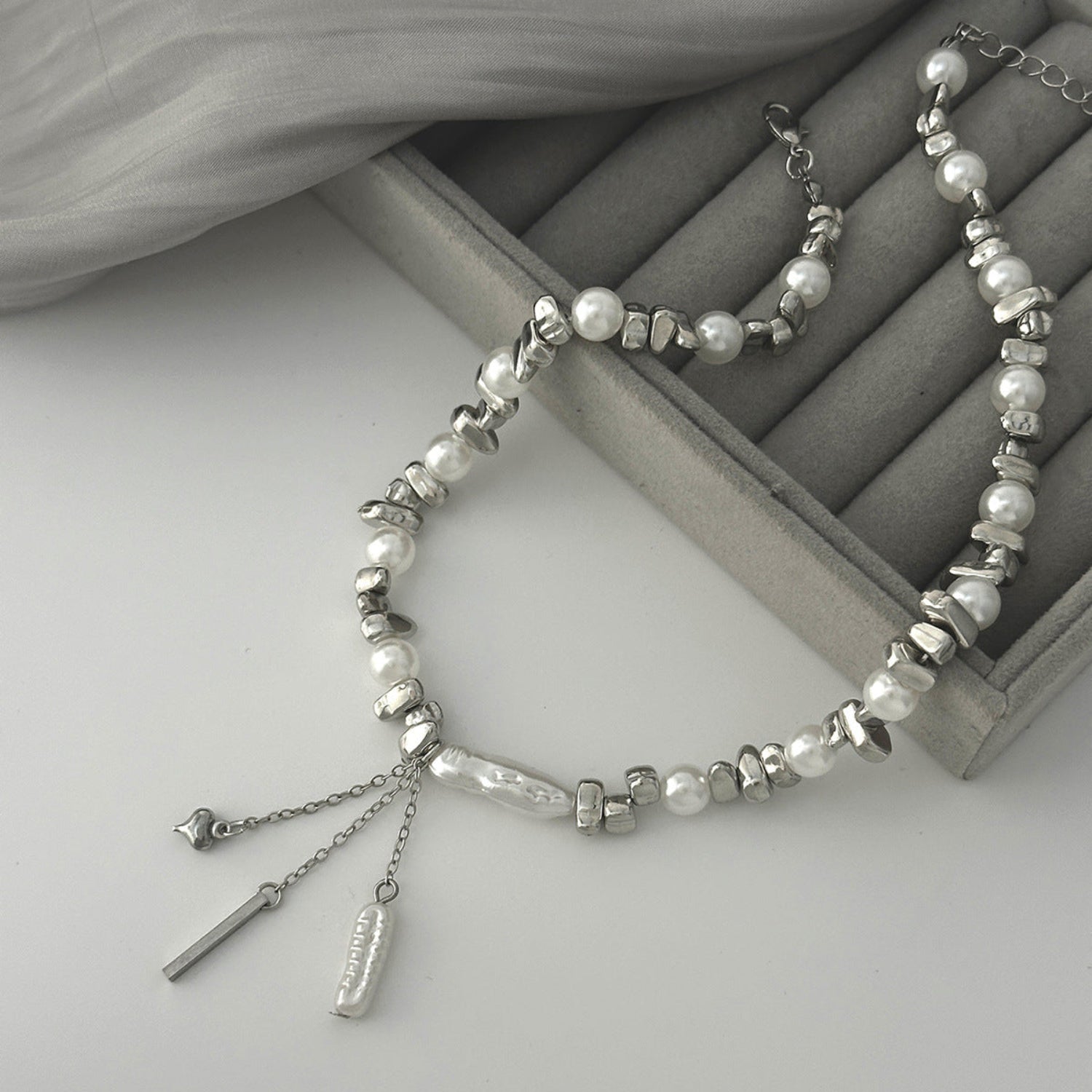 Silver Pearl Drop Charm Necklace JLTN1964