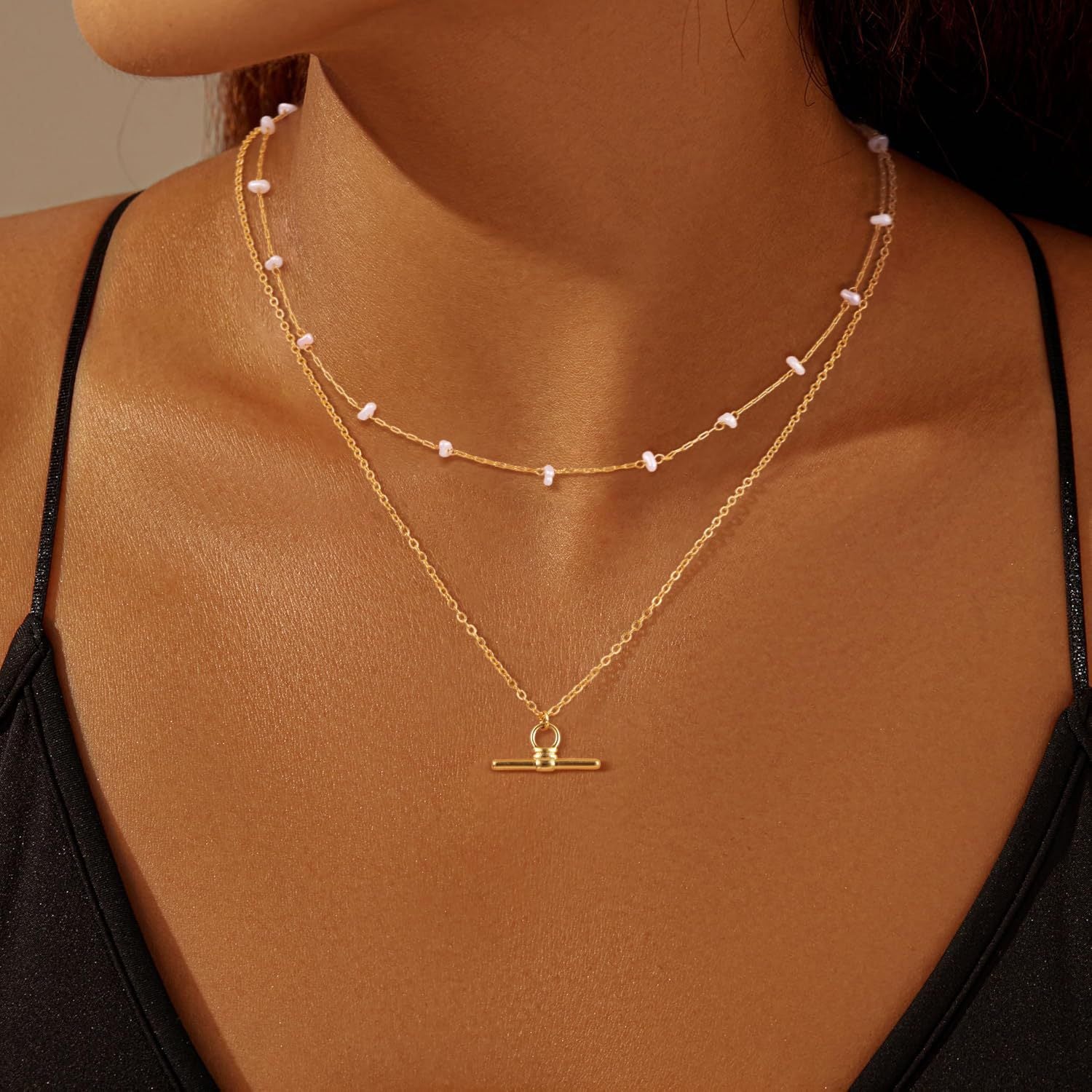 Gold White Beaded Layered Necklace JLTN2018