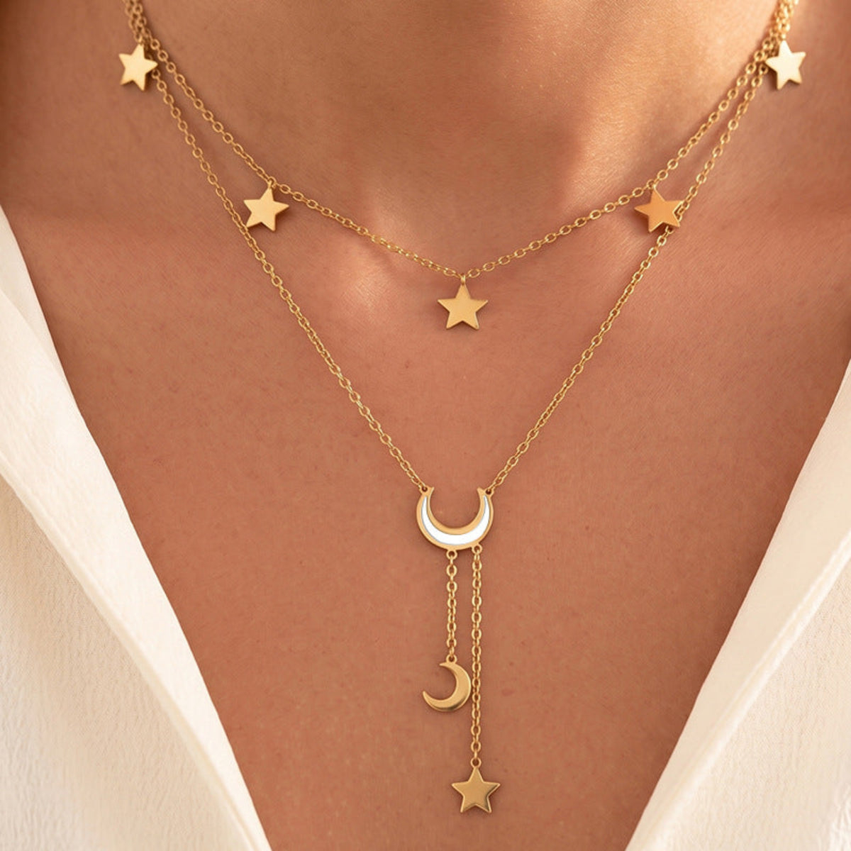 Gold Celestial Star and Crescent Moon Layered Necklace JLTN2092