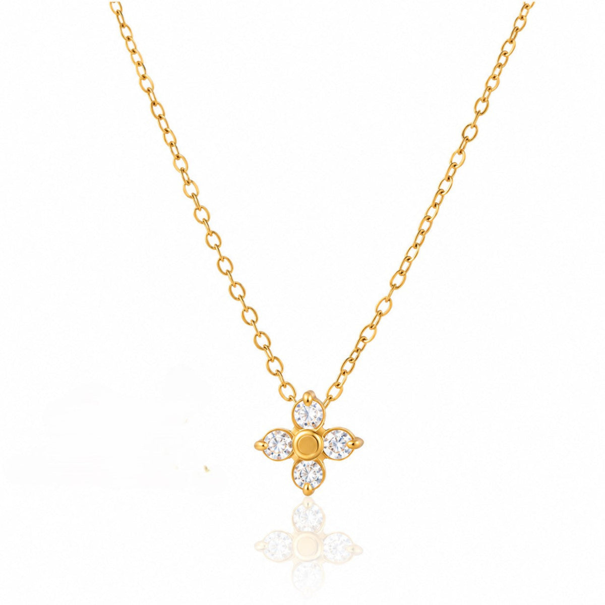 Gold Four Petal Crystal Flower Pendant Necklace JLTN2099