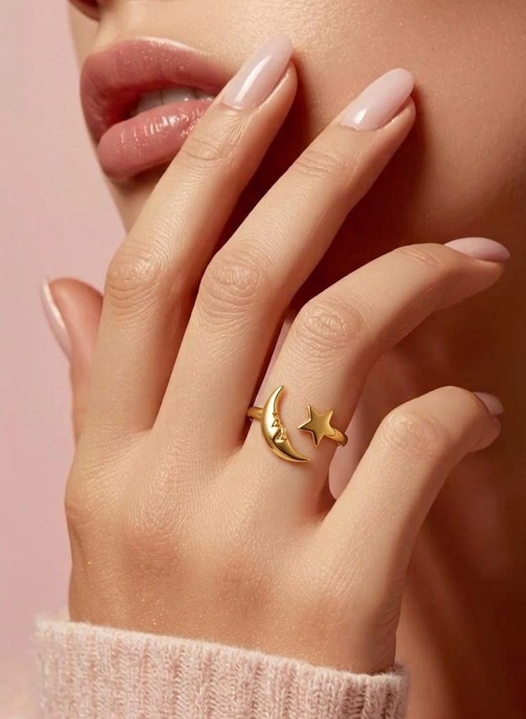 Whimsical Crescent Moon and Star Jewelry Rings JLTR0428