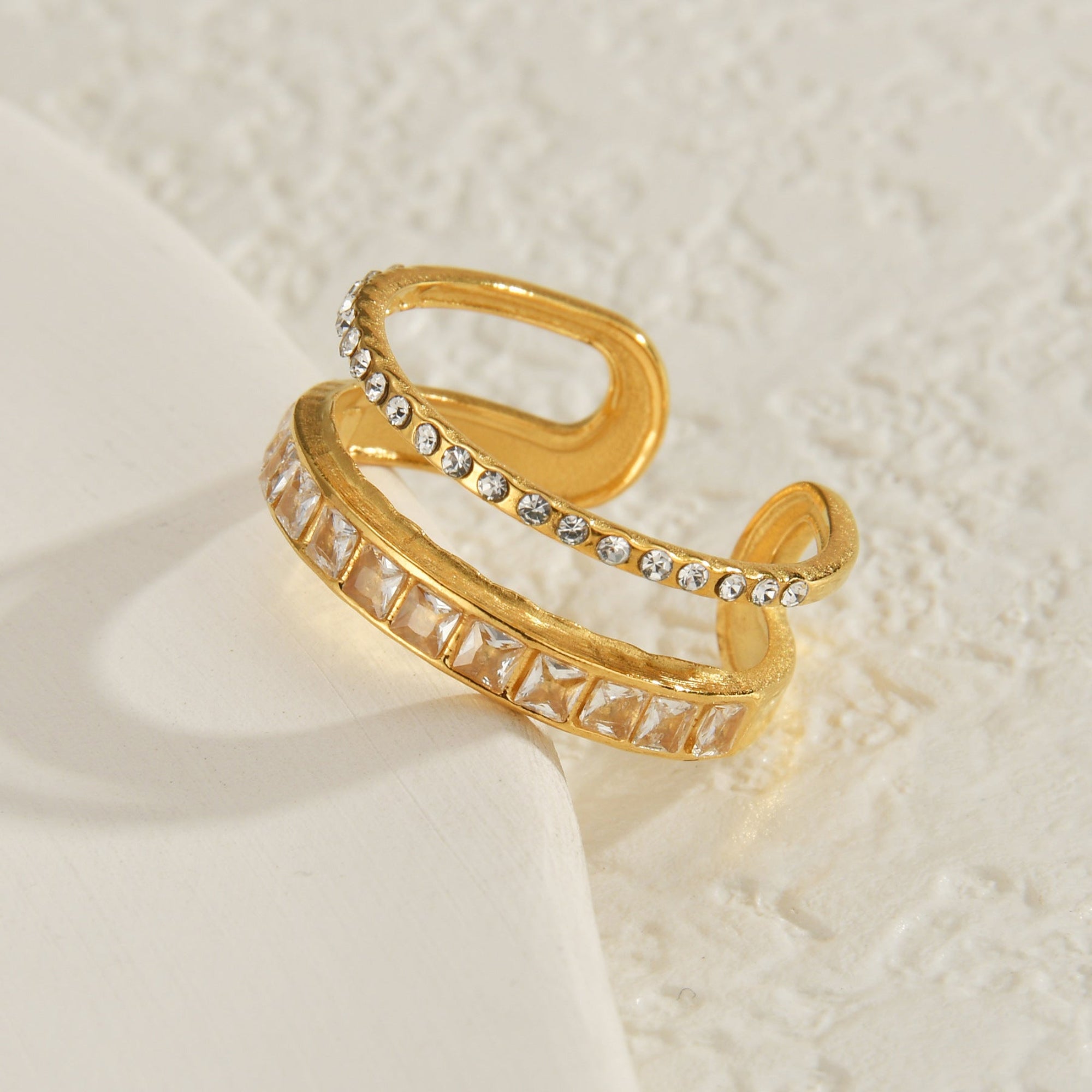 Elegant Gold Ring with Dual Crystal Bands JLTR0487