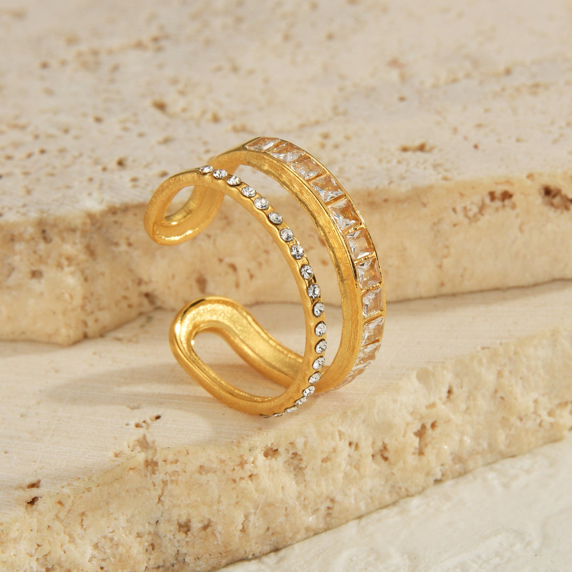 Elegant Gold Ring with Dual Crystal Bands JLTR0487