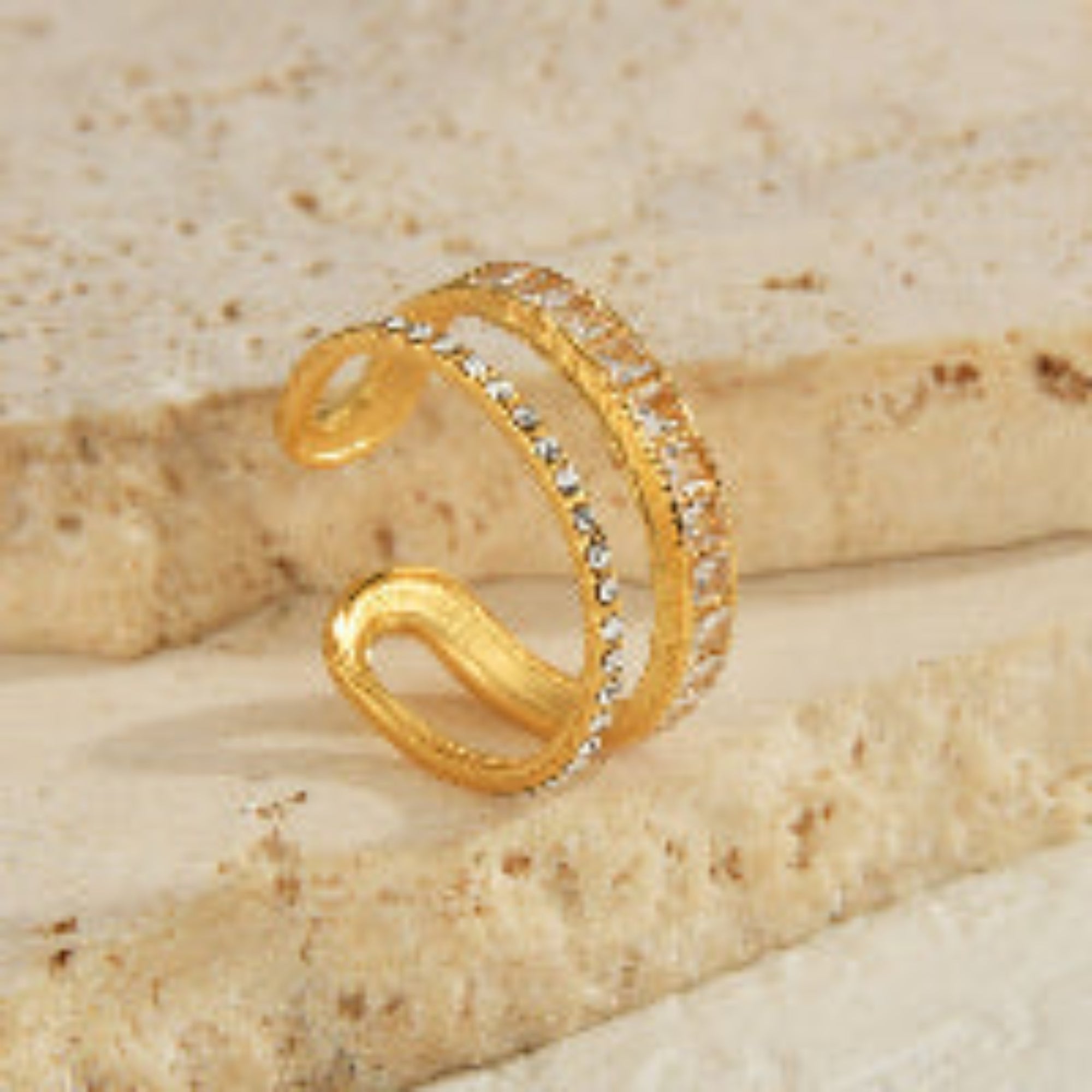 Elegant Gold Ring with Dual Crystal Bands JLTR0487