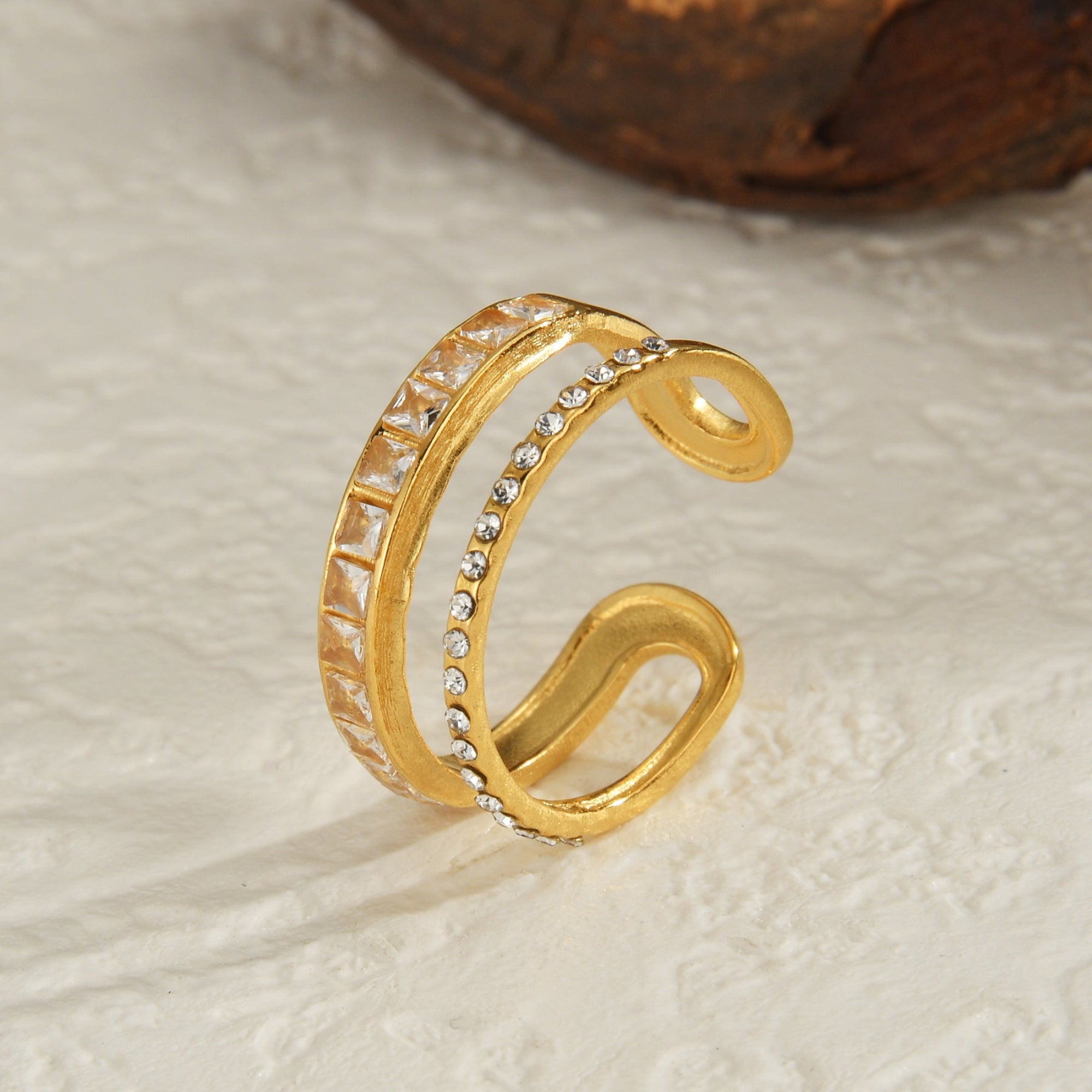 Elegant Gold Ring with Dual Crystal Bands JLTR0487