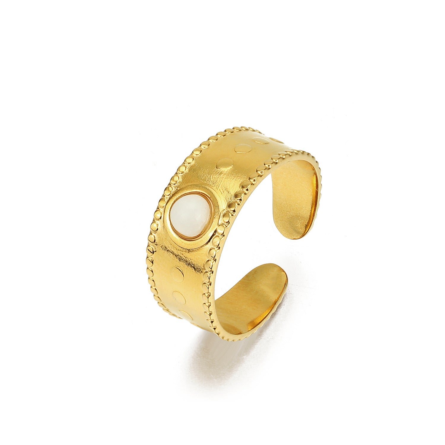 Wide Gold Band Ring with White Enamel in Center JLTR0489
