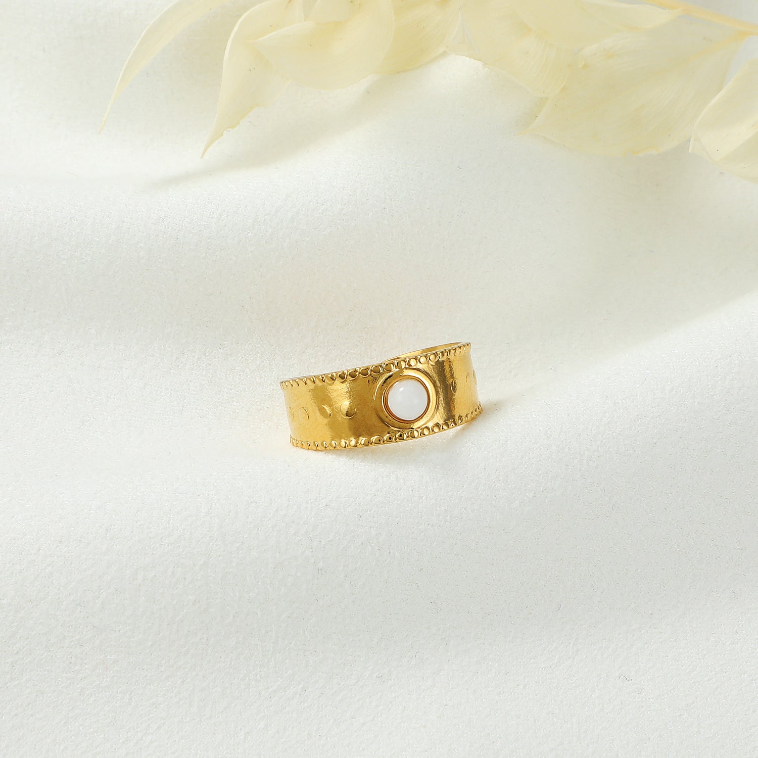 Wide Gold Band Ring with White Enamel in Center JLTR0489