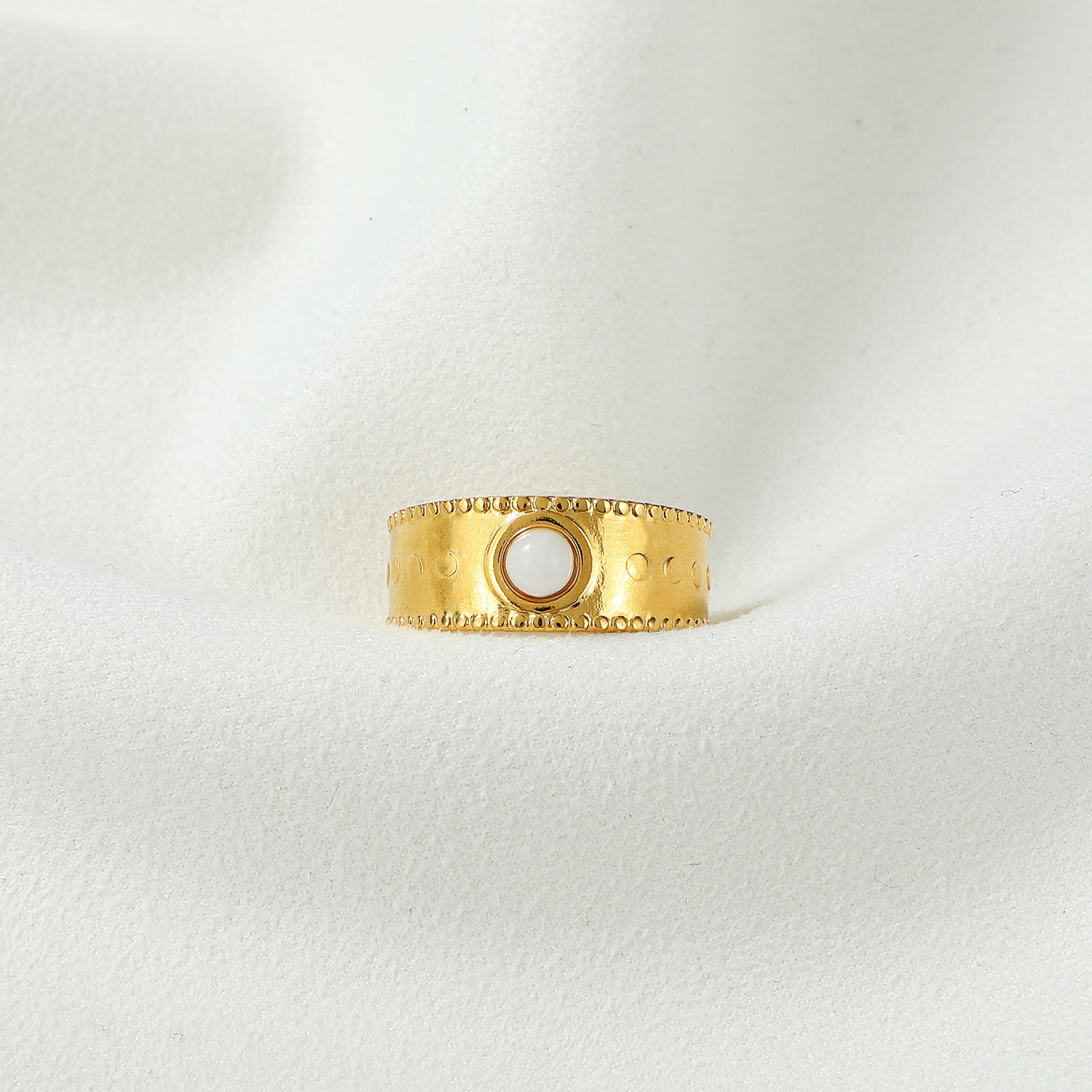 Wide Gold Band Ring with White Enamel in Center JLTR0489