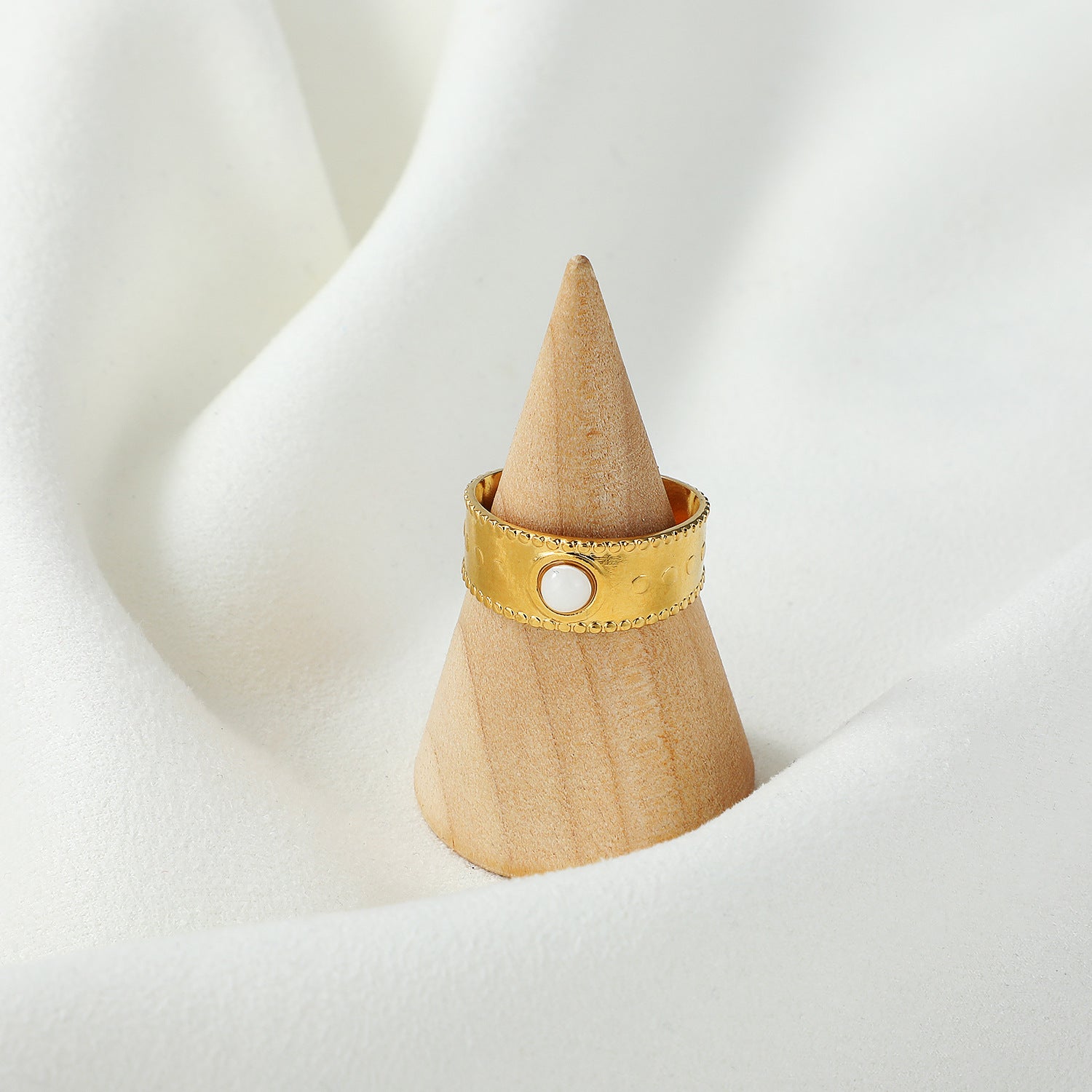 Wide Gold Band Ring with White Enamel in Center JLTR0489