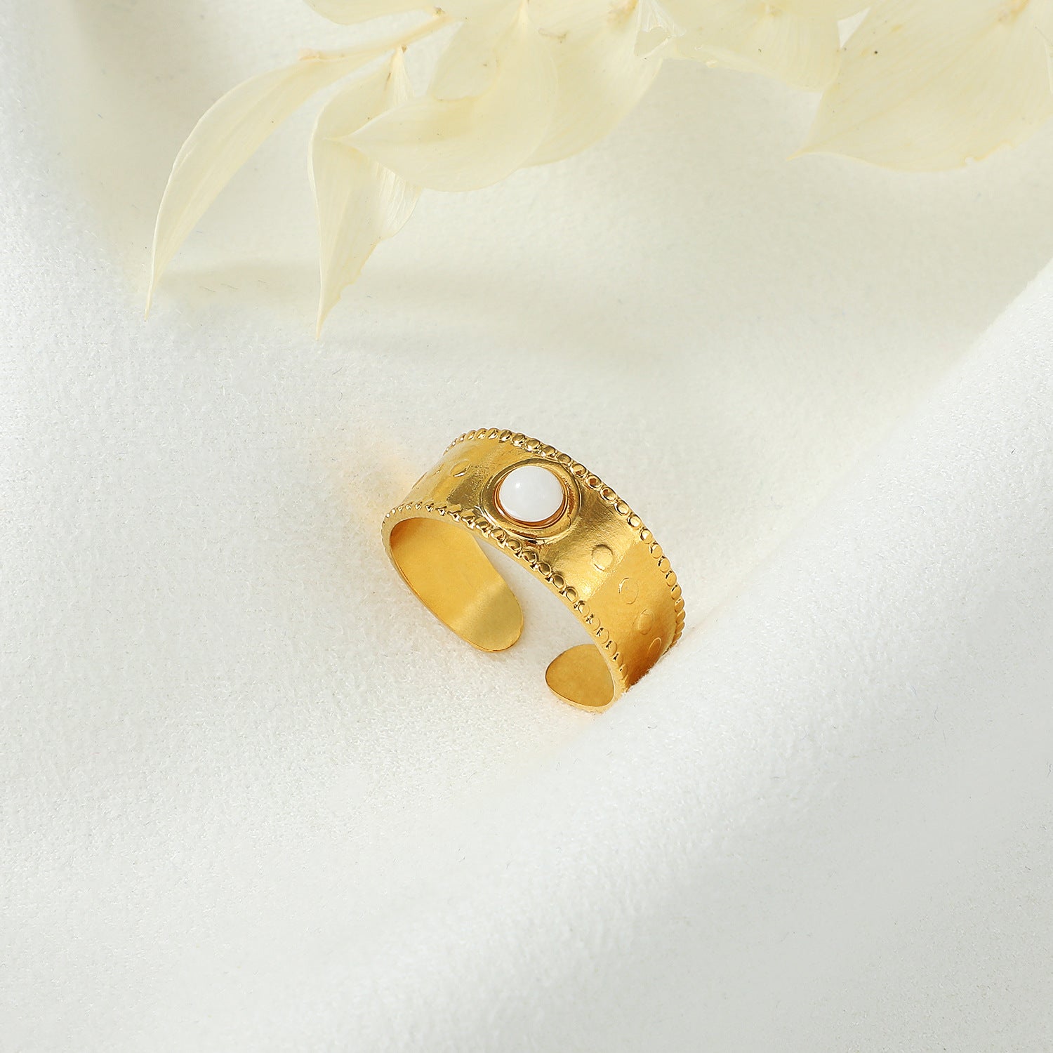 Wide Gold Band Ring with White Enamel in Center JLTR0489