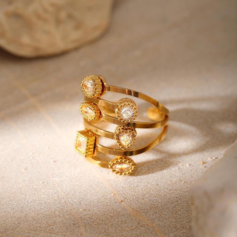 Textured Gold Multi-Layer Ring with Clear Crystals JLTR0492