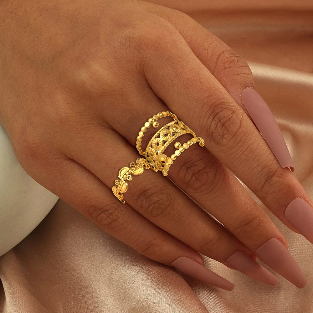 Retro Floral Textured Adjustable Gold Ring Set JLTR0509