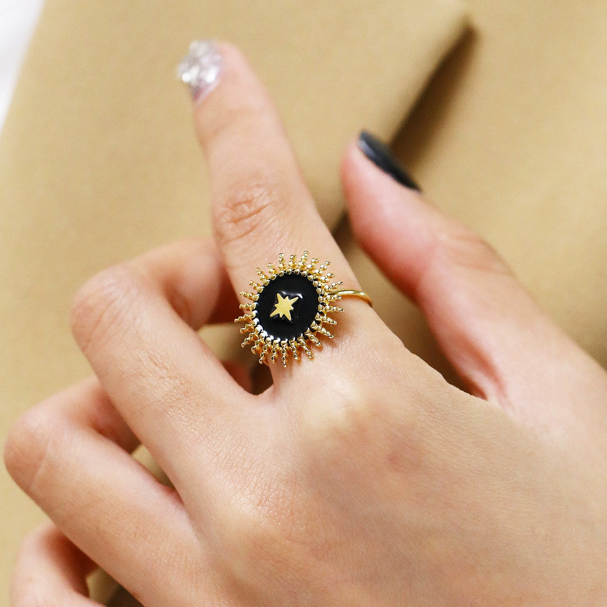 Black Enamel Starburst Adjustable Ring JLTR0531