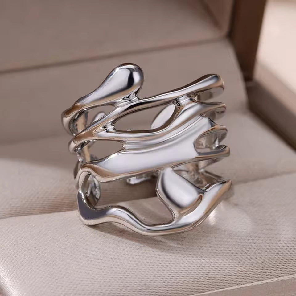 Silver Fluid Abstract Wave Adjustable Ring JLTR0532