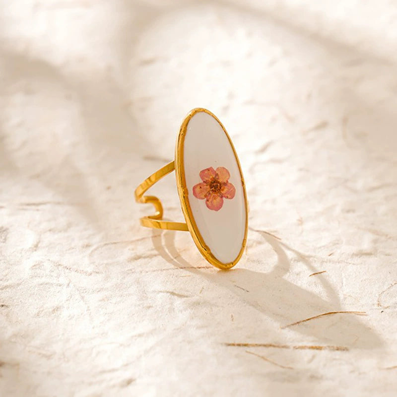 Pressed Flower Oval Gold Ring JLTR0542