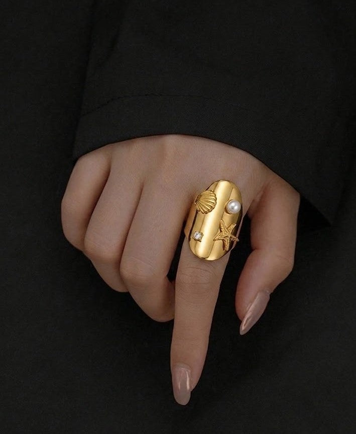 Oval Gold Sea Charm Pearl Ring JLTR0556