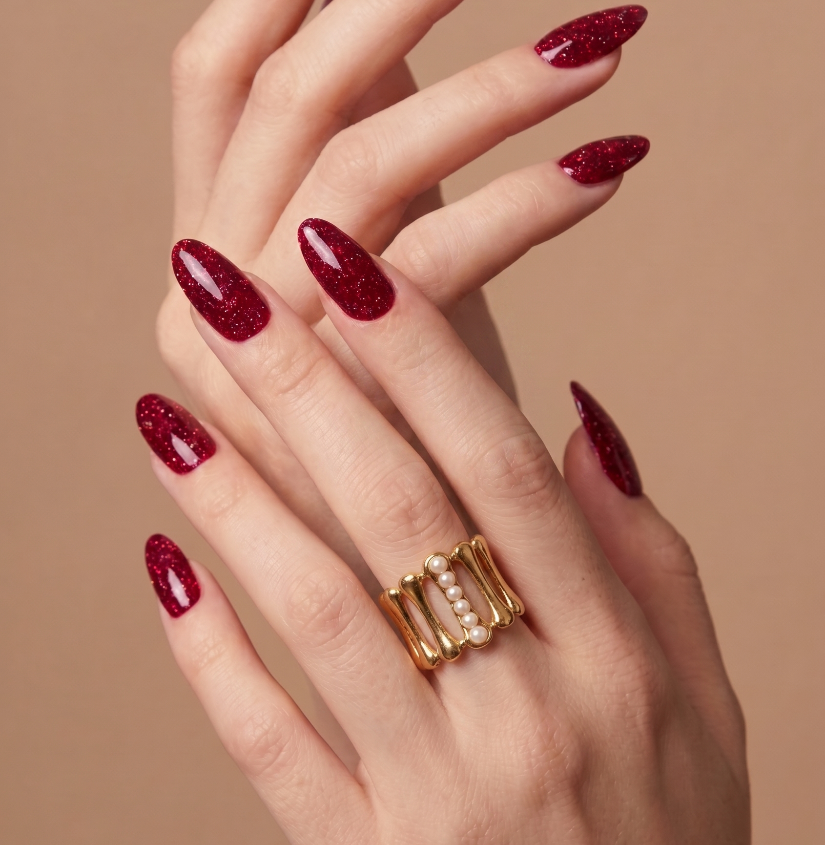 Gold Sculpted Band Ring with Pearl Crystals JLTR0581