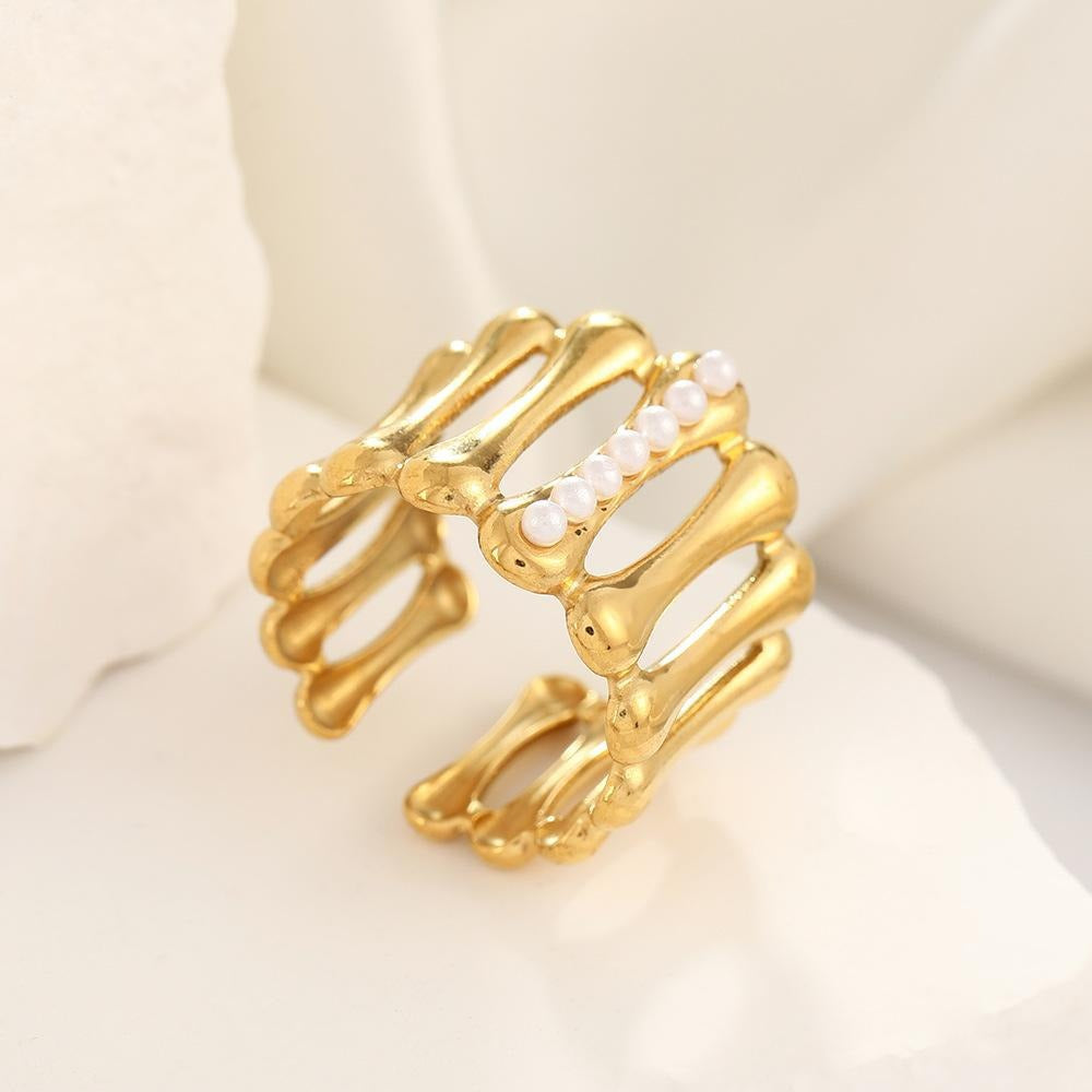 Gold Sculpted Band Ring with Pearl Crystals JLTR0581