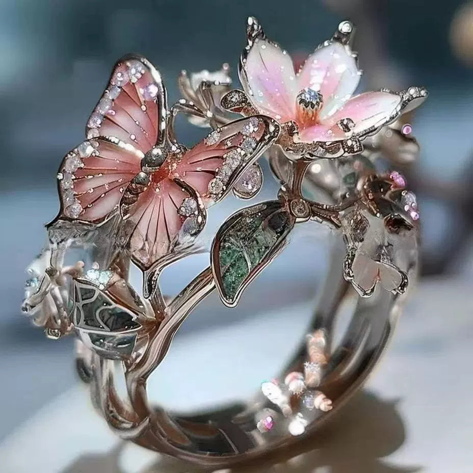 Elegant Peach Butterfly & Blossom Ring JLTR0608