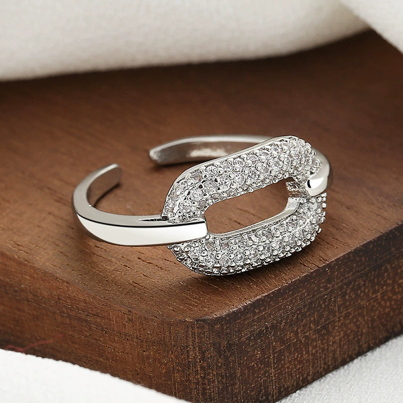 Silver Open Ring with Sparkling Crystal Paved Geometric Link Design JLTR0610