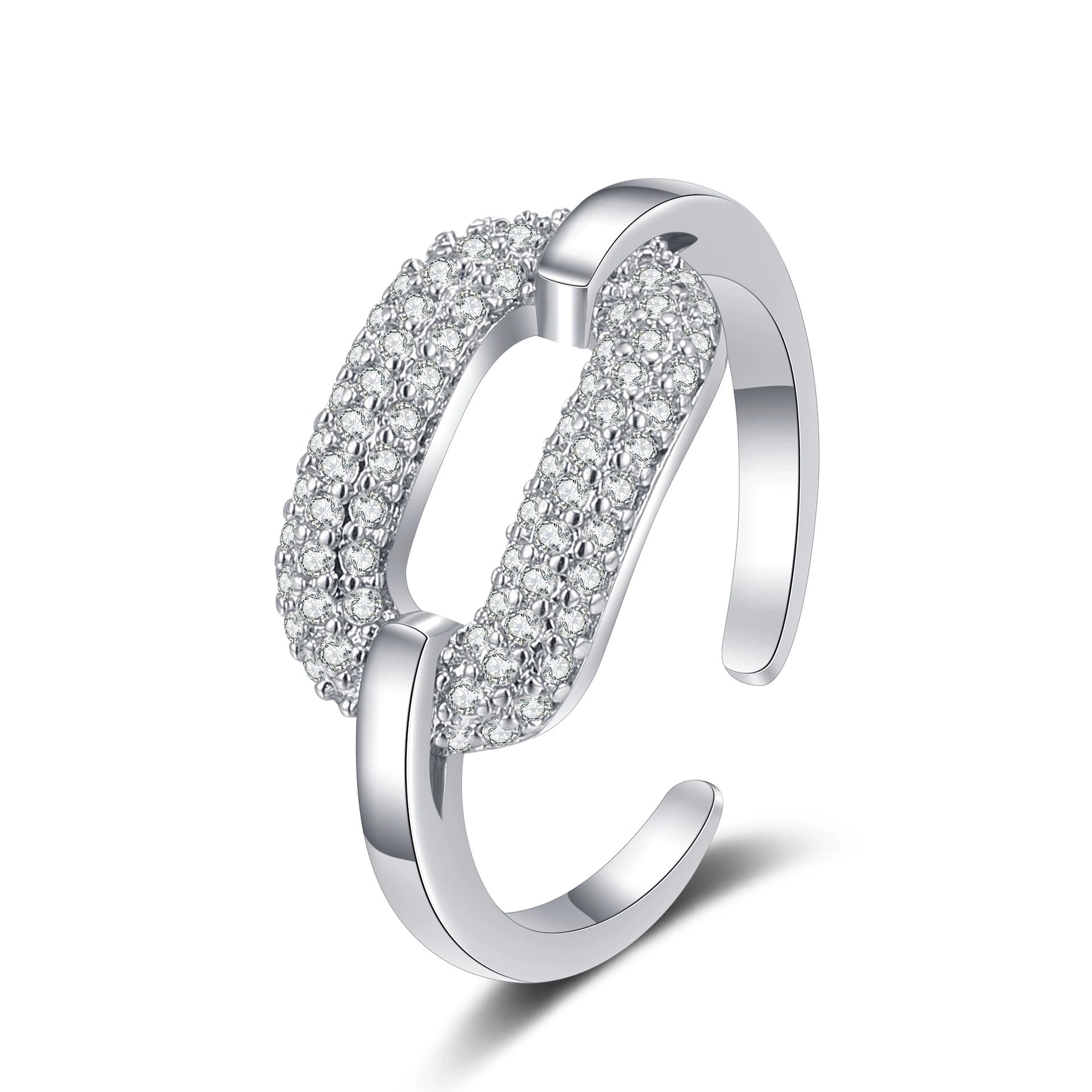 Silver Open Ring with Sparkling Crystal Paved Geometric Link Design JLTR0610