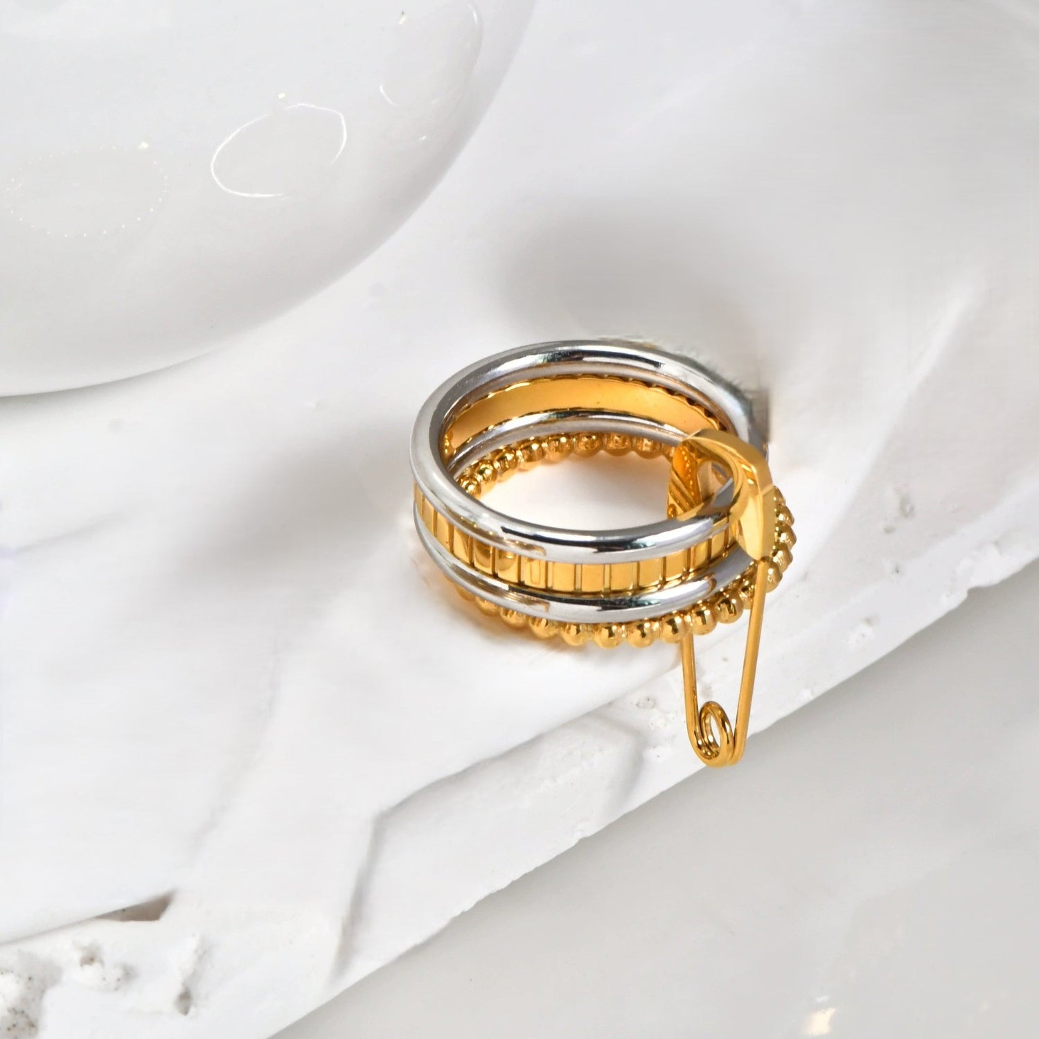 Dual Tone Beaded Safety Pin Ring JLTR0634