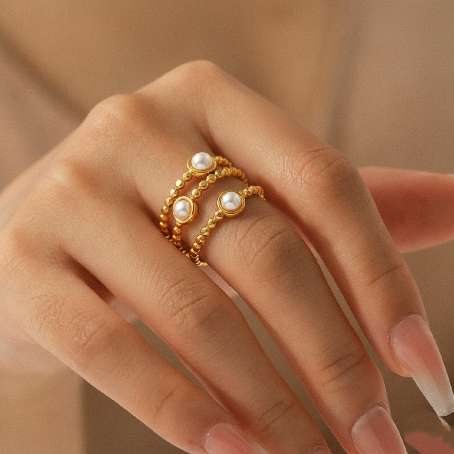 Triple-Band Beaded Gold Open Ring with Dual Pearls JLTR0649