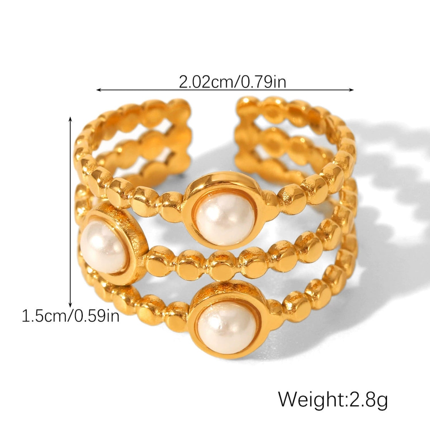 Triple-Band Beaded Gold Open Ring with Dual Pearls JLTR0649