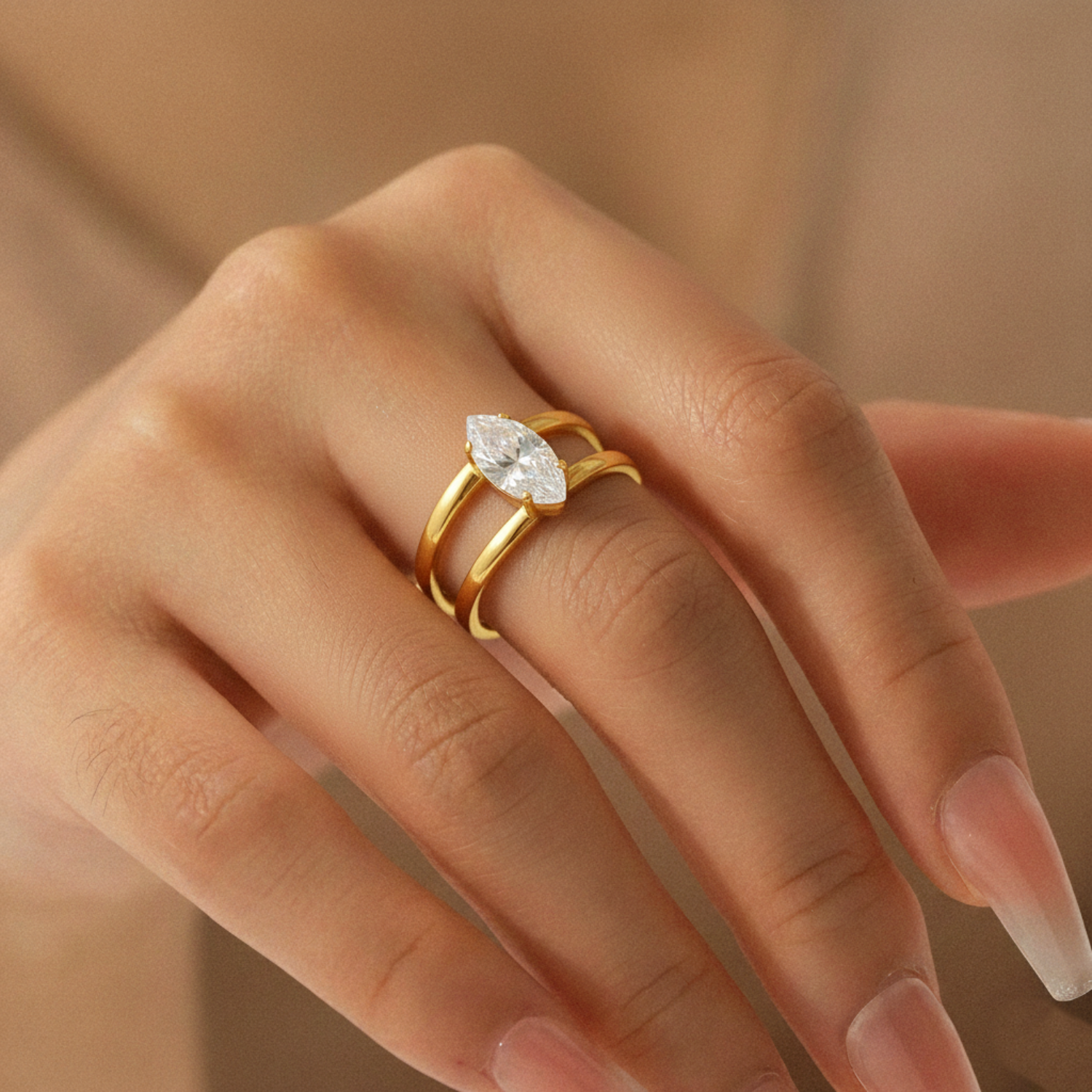 Double-Band Adjustable Gold Ring with Floating Navette Crystal JLTR0652