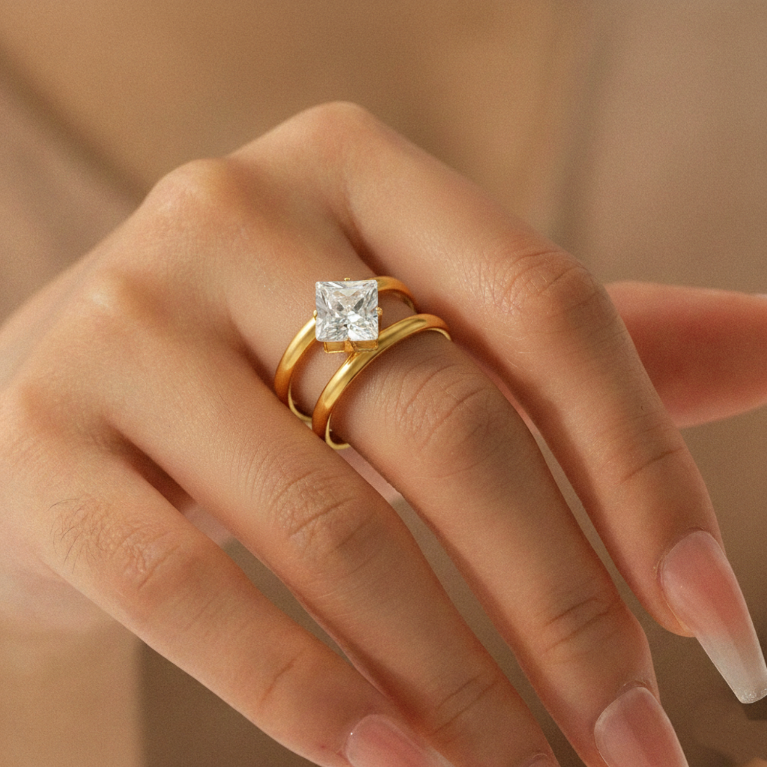 Modern Gold Double-Row Square Crystal Adjustable Ring JLTR0653
