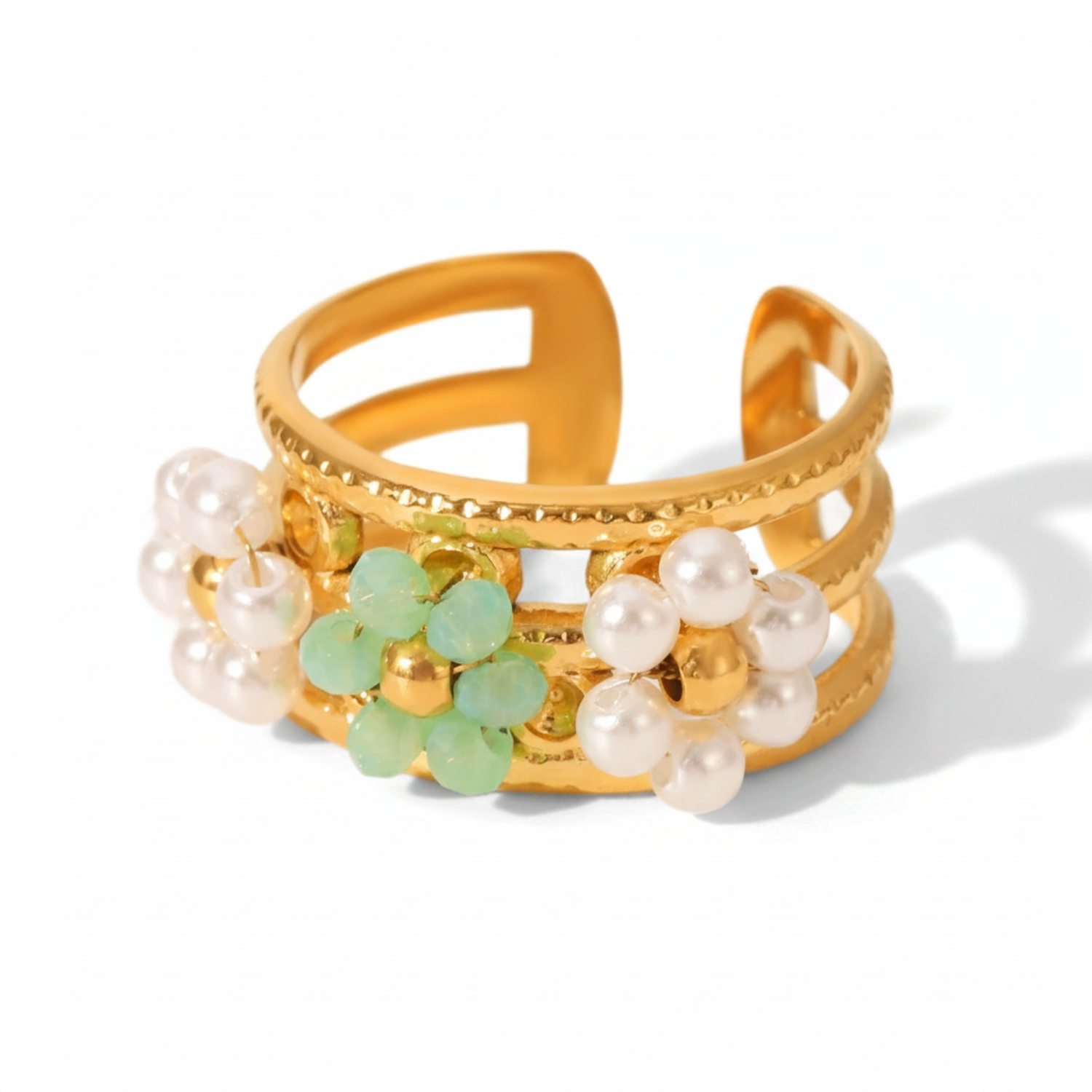 Triple Flower Gold Wide Cuff Ring with Pearl & Mint Accents JLTR0656
