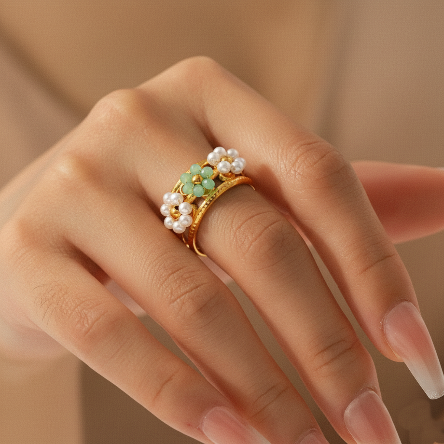 Triple Flower Gold Wide Cuff Ring with Pearl & Mint Accents JLTR0656